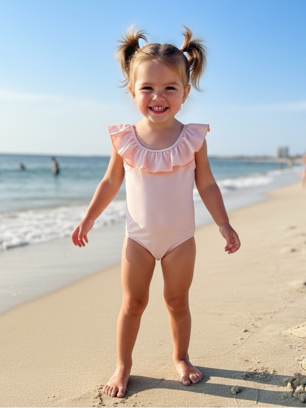 Youth H2OH pale pink One Piece Swimsuit front back ruffles size 7 to 8 spandex